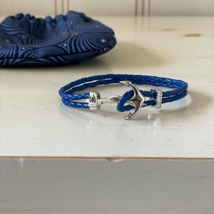 Unique Blue Leather Braided Silver Anchor Bracelet, Mint Condition!